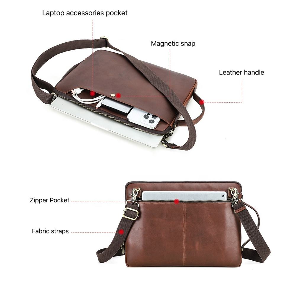 Premium Genuine Leather 14‑Inch Laptop Sleeve & Shoulder Bag with Carry Handle