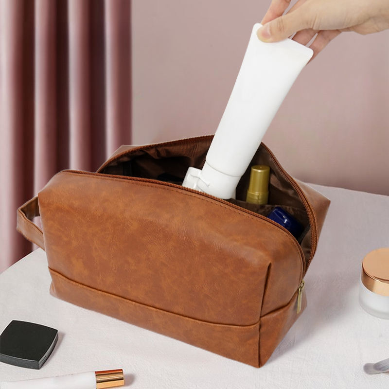 Large Capacity PU Leather Travel Makeup Bag – Portable Handheld Cosmetic Organizer