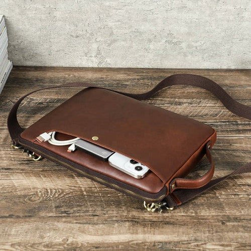 Premium Genuine Leather 14‑Inch Laptop Sleeve & Shoulder Bag with Carry Handle