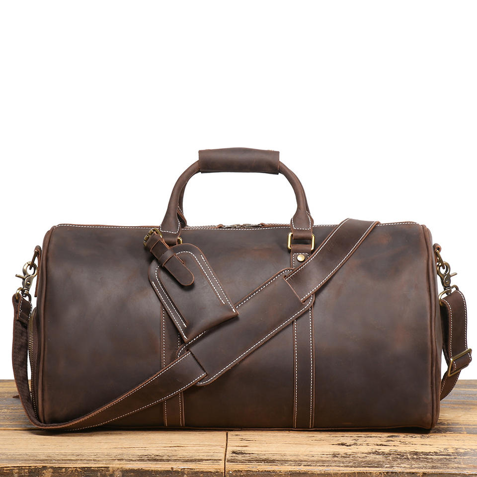 Handcrafted Vintage Leather Travel Shoulder Bag – Premium Cowhide Rolling Luggage