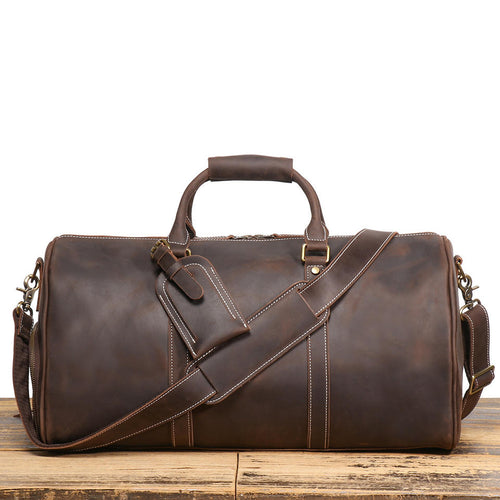 Handcrafted Vintage Leather Travel Shoulder Bag – Premium Cowhide Rolling Luggage