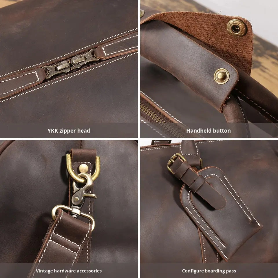 Handcrafted Vintage Leather Travel Shoulder Bag – Premium Cowhide Rolling Luggage