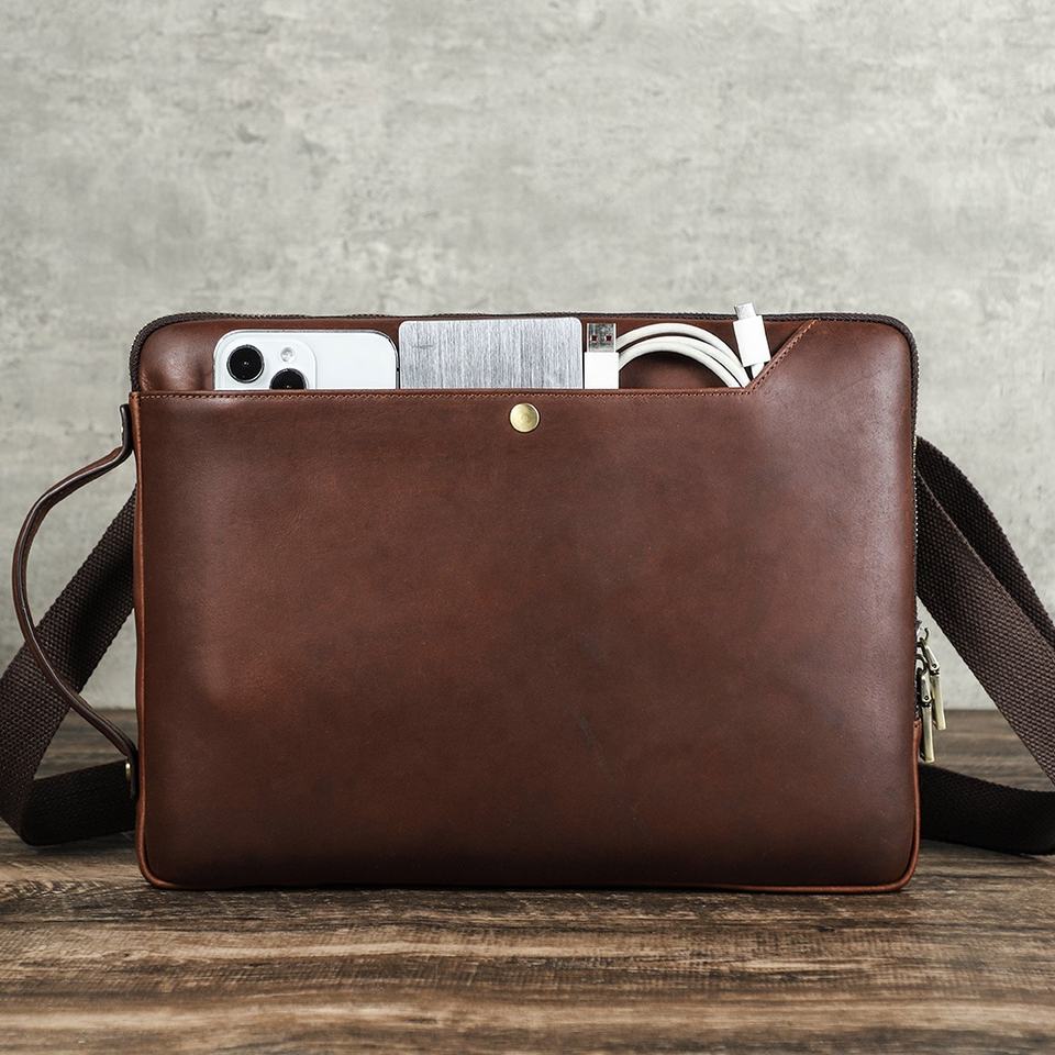 Premium Genuine Leather 14‑Inch Laptop Sleeve & Shoulder Bag with Carry Handle